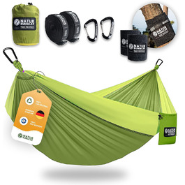 Гамак NATURBUMMLER® Outdoor з захистом для дерев [Tree Protec+] – 300x170 см, для 1-2 осіб – ультралегкий та вологостійкий – двошаровий гамак для кемпінгу, саду та відпочинку на природі (природний зелений колір)