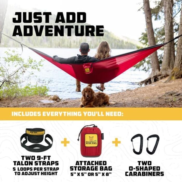 Гамак для кемпінгу Wise Owl Outfitters – односпальний або двоспальний, для дому та вулиці, з сумкою для зберігання, аксесуарами для рюкзака та подорожей, оранжевий / сірий