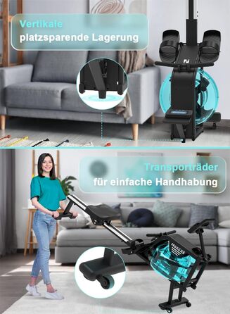 Велотренажер Neezee для дому з водним опором, Bluetooth-монітором і тримачем для планшета, до 150 кг, вертикальне зберігання, транспортувальні колеса