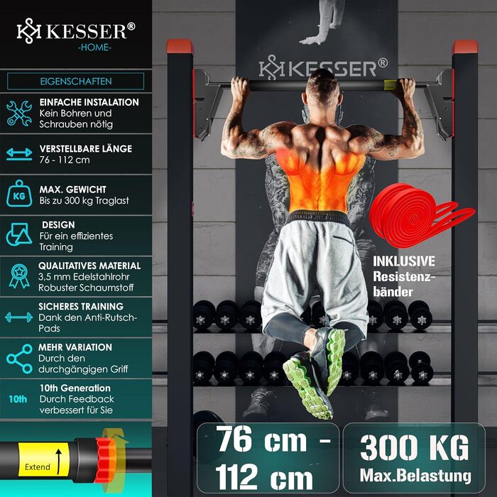 Турнік для дверного отвору KESSER, регульований, без свердління, витримує до 300 кг, з нековзкими ручками та резистентними стрічками, 76-112 см