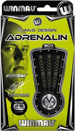 Дротики WINMAU Michael Van Gerwen MvG Adrenalin 22 г професійні, вольфрамові, з м'яким наконечником, комплект з оперенням і стрижнями