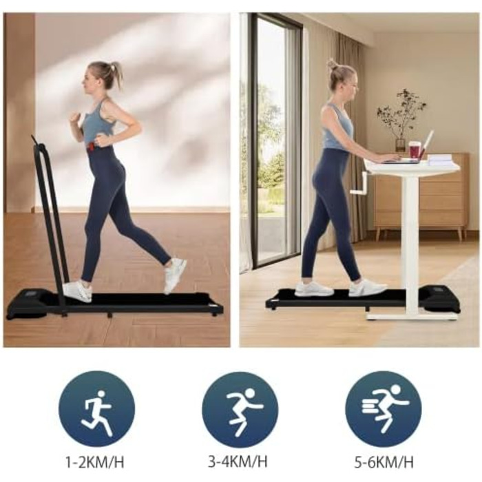 Бігова доріжка SogesHome 2 в 1 для дому, Walking Pad з LED-дисплеєм, Bluetooth, дистанційним керуванням, 1-6 км/год, чорна