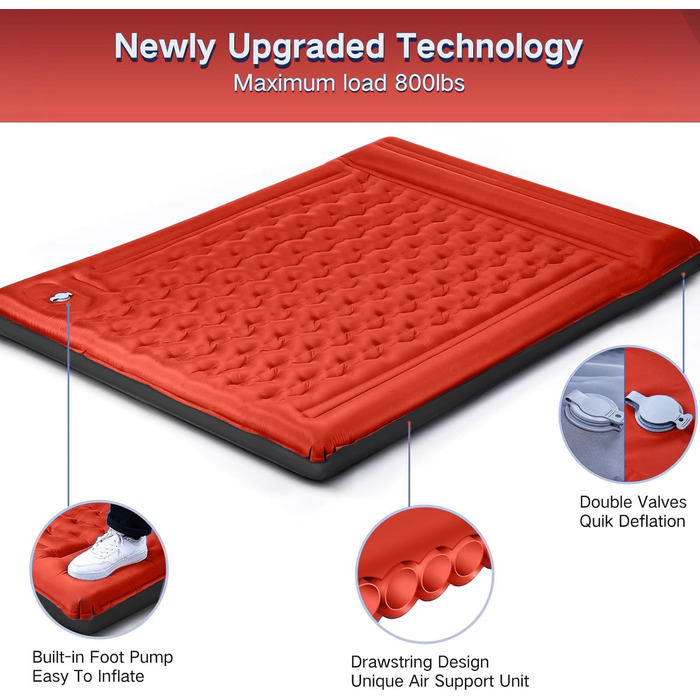 Надувний килимок для кемпінгу з інтегрованим насосом, 12.7 см, з подушкою, компактний для подорожей, рюкзаків, трекінгу, Orange-Schwarz