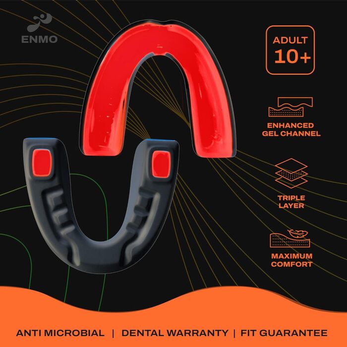 Захисний капу для спорту Enmo Maxilla Pro: для дорослих та дітей (10+), з кейсом. Підходить для регбі, боксу, хокею та контактних видів спорту. Капа з технологією Boil & Bite, тришарова, з каналом для дихання. Білий/синій (Радіо Чорний/Червоний)