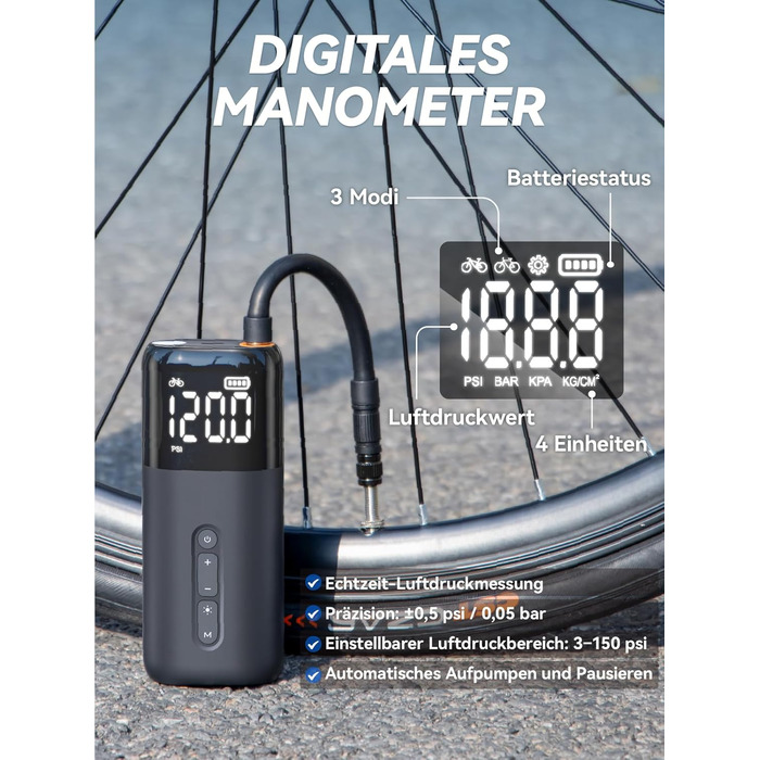 Електрична велосипедна помпа HT10, 150 PSI, акумуляторна, з цифровим манометром, Presta/Schrader, для шосе, MTB, E-bike, city bike