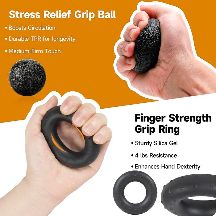 Набір для тренування рук (5 шт.) – з регульованим опором, підтримуючою ручкою для передпліччя, розтягувачем пальців, кільцем для хвата та м'ячиком для зняття стресу для спортсменів