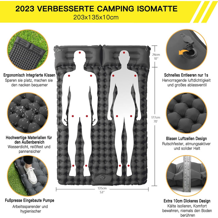 Двоспальний килимок для кемпінгу Doppel Isomatte: ультралегкий, 10 см, з самонадувною технологією та насосом, для відпочинку на природі, подорожей та піших прогулянок. Сірий колір.