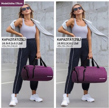 Спортивна сумка для жінок і чоловіків 35 л, дорожня сумка Duffel з відділенням для взуття та вологих речей, водонепроникна ручна поклажа для спортзалу, плавання, фіолетова
