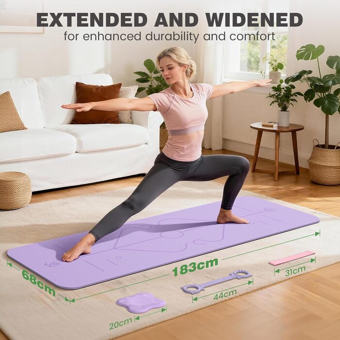 Йога мат Soontrans, 8 мм, TPE, з гумовими стрічками, килимком для колін, фітнес мат для пілатесу та тренувань (фіолетовий, 183x68 см)