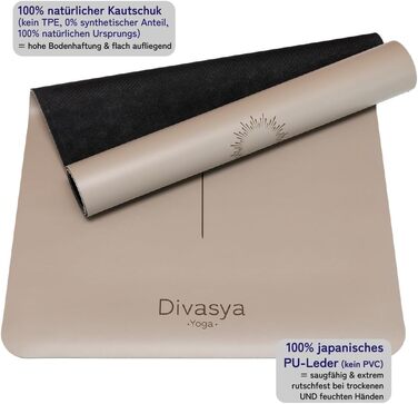 Преміум йога-мат DIVASYA, нековзкий, натуральний каучук, професійне японське покриття, 185x68x0,45 см, 4,5 мм, ремінець, екологічний, Sandstone