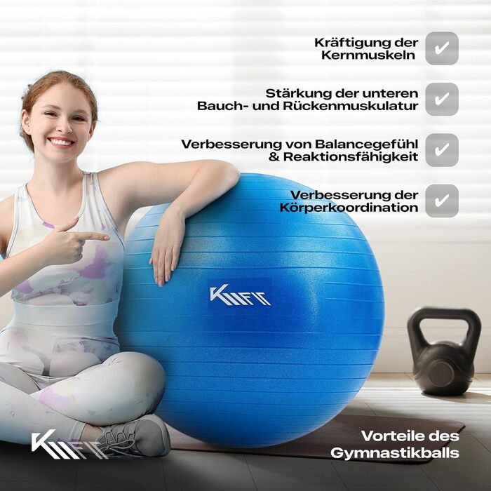 Гімнастичний м'яч KM-Fit 65 см з насосом | Фітнес м'яч для занять, йоги, офісу, тренувань пресу | Без BPA (Блакитний)