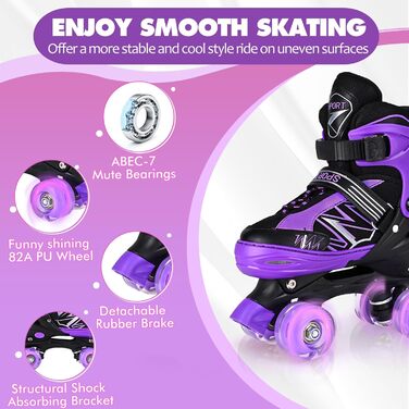 Дитячі ролики LOKJIJI для хлопчиків та дівчаток, регульовані, 4 розміри, фіолетово-білі та чорно-білі (M, чорний & фіолетовий)