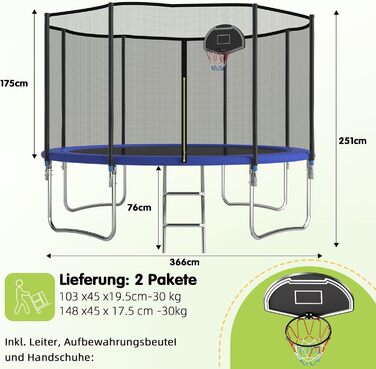 Батут Redkid Outdoor 305/366 см з сіткою, драбиною та баскетбольним кільцем, до 165 кг