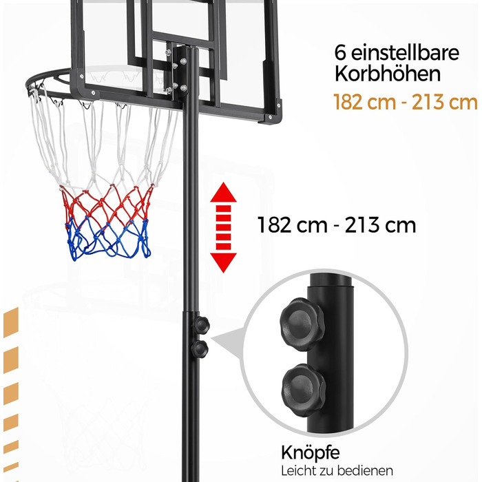 Регульована баскетбольна стійка Yaheetech з роликами, мобільна баскетбольна установка з можливістю заповнення водою або піском, підходить для використання в приміщенні та на вулиці, висота 216-246 см
