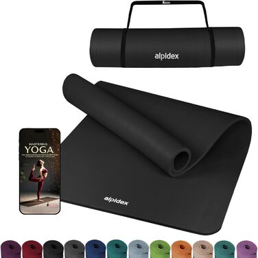 Йога мат ALPIDEX Extra Dick 1,5 см: неслизька фітнес-мат для йоги, пілатесу, гімнастики, HIIT, фізіотерапії та тренувань. Чорний, 190 x 100 x 1.5 см. З електронною книгою. Без фталатів.