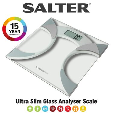 Цифрова вага Salter 9141 WH3R з термометром, аналіз складу тіла, скло, LCD, до 160 кг, вимірювання жиру, води, м'язової маси, 4 профілі, батарейка CR2032, термометр для м'яса