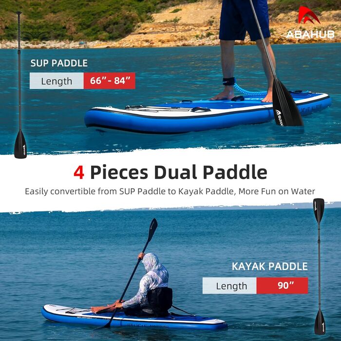 Весло для SUP і каяка Abahub 4-в-1, карбонове, регульоване, легке, чорне/синє/зелене/сіре/помаранчеве/червоне, пластикове лопато
