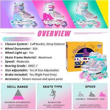 Дитячі ролики Nattork для дівчаток, 4 розміри, регульовані, ролики-коньки з бантиком (блакитний, Small (27-31 EU))