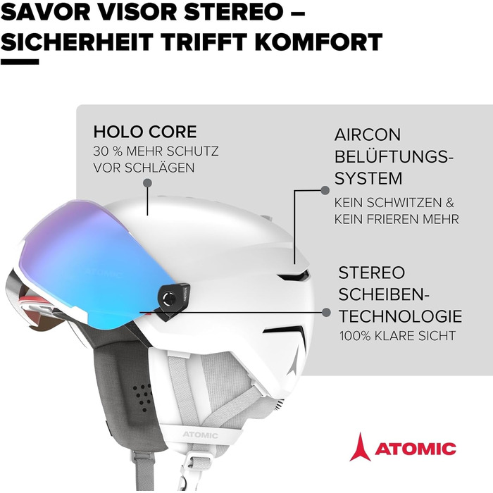 Гірськолижний шолом ATOMIC Savor Visor Stereo з візором, максимальне поглинання ударів, система вентиляції Aircon, дзеркальне покриття, білий, розмір 51-55
