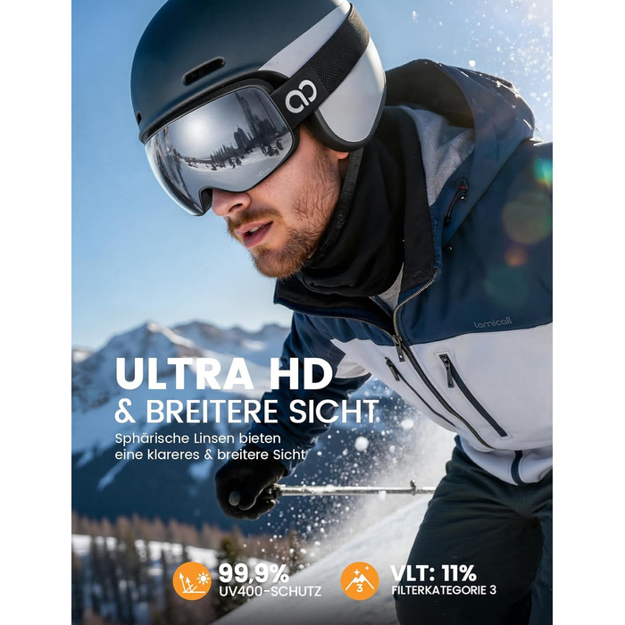 Ламікал - скі-маска для чоловіків та жінок, сноуборд маска з OTG - [Ultra HD, широке поле зору] - високоякісна скі маска з захистом від запотівання, для людей у окулярах, дзеркальна сноуборд маска, скі маска UV400 з захистом від відблисків - чорний каркас
