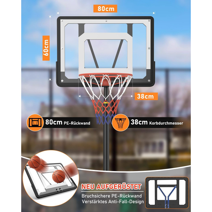 Баскетбольний кошик для вулиці, дитячий, регульована висота 150-210 см, стійка з міцною задня стінкою 80x60 см, збільшена база та колеса, чорний