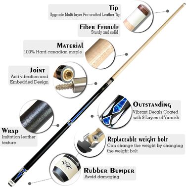 Професійний бильярдний кий Billard-Queuestab S7+ з чохлом Hartschalenkoffer, 13 мм наконечник, 147,3 см, канадський клен, 3 аксесуари, 18-22 г (на вибір), блакитний, чорний, червоний, сірий, зелений