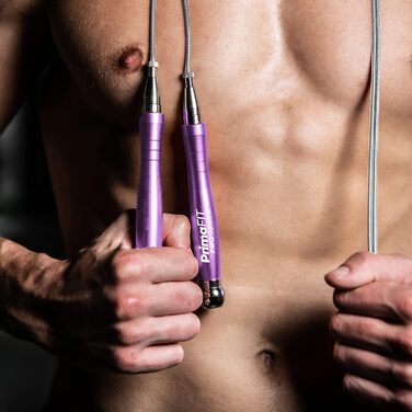 Скакалка PrimaFIT для дорослих, фітнес, професійна, 3м, регульована з обважнювачами, 2 підшипники, антиковзні ручки, для боксу, MMA, кросфіту, сталевий трос, чохол, фіолетова
