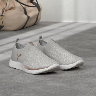 Жіночі кросівки Puma Softride Remi Slip-on Knit — вузкові бігові кеди для вулиці, сірі з білим та рожевим золотом, розмір 39 EU