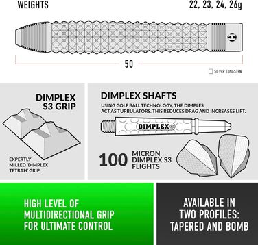 Професійний набір дротиків Harrows Dimplex Bomb, 90% вольфрам, м'який наконечник, 10 шт, чорні Dimplex Midi, різна вага