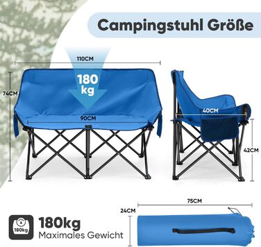 Складне крісло-диван для кемпінгу Sunula на 2 особи - портативне крісло з підлокітниками та сумкою, ідеально для пікніків, кемпінгу, саду, балкону, намету та риболовлі. Синій, 110 см