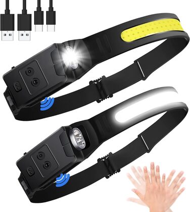 LED налобний ліхтар, 2 шт., 230° широкий кут огляду, з червоним сигнальним світлом, 6 режимів освітлення, датчик, водонепроникність. Ідеально для бігу, риболовлі та активного відпочинку