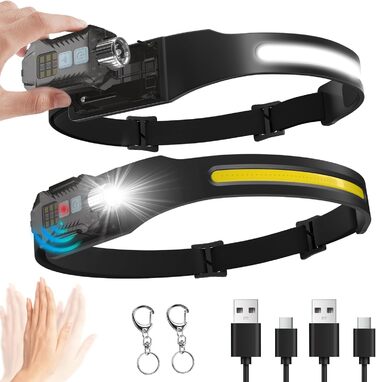 LED налобний ліхтар 1200mAh, 2 шт. з датчиком руху, 230° широкий кут огляду, 9 режимів, водонепроникний IPX65, для кемпінгу, походів, бігу