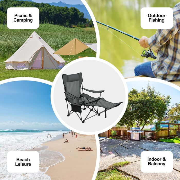 Складний стілець для кемпінгу eSituro: рибальський, пляжний з підставкою для ніг та тримачем для напоїв, сірий
