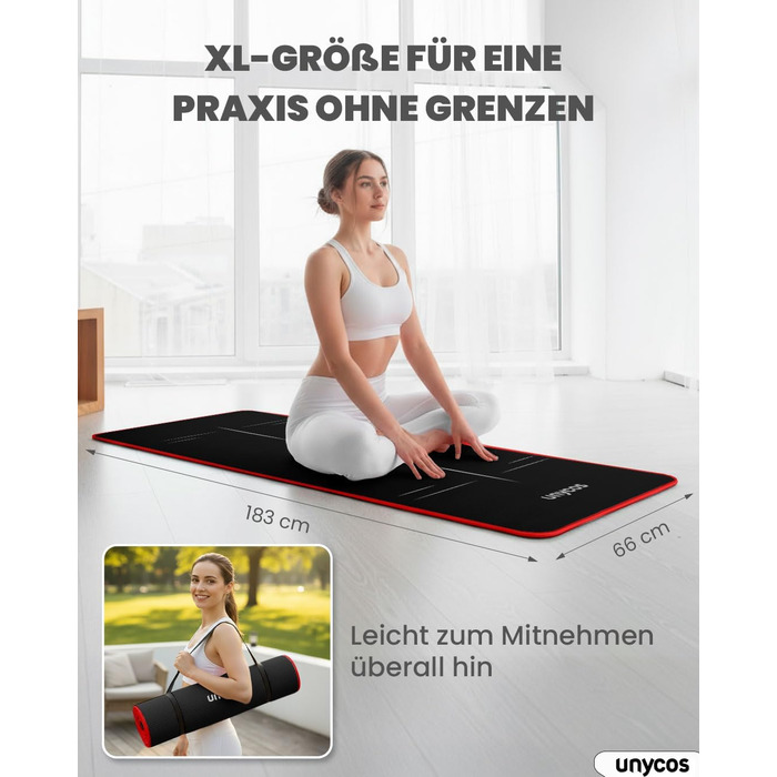 Килимок для йоги Unycos з неслизькою поверхнею | Висока щільність 6/10/15 мм, фітнес-килимок для гімнастики з ременем для перенесення【включено E-Book】Шкірно-дружній килимок для пілатесу, тренувань, спортзалу (#17 Чорний + Червоний, 183*66*1 см)