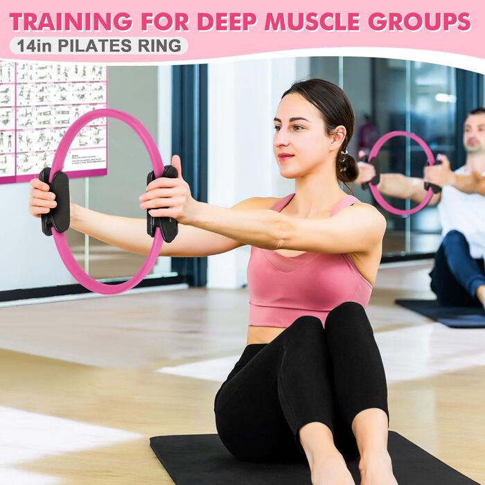 Pilates Ring Set Goocrun: кільце для пілатесу, еспандер, м'яч та слайдери для домашніх тренувань. Рожевий колір.
