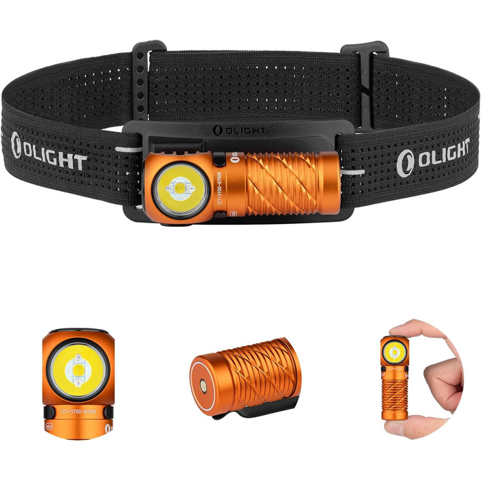 Ліхтар налобний Olight Perun 3 Mini LED, 920 люмен, перезаряджається, з червоним світлом, 8 режимів, IPX8, для активного відпочинку, риболовлі, чорний (оранжевий)