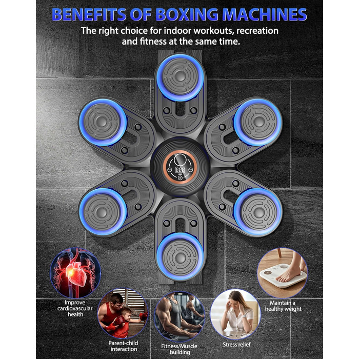 Музична боксерська машина з LED-підсвіткою та Bluetooth, 3 рівня регулювання розміру, 9 режимів швидкості та тренувань, лічильник ударів, для дорослих та дітей