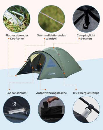 Намет KingCamp для кемпінгу на 4 особи: просторий, водонепроникний (PU3000mm), для трекінгу та відпочинку на природі (зелений)