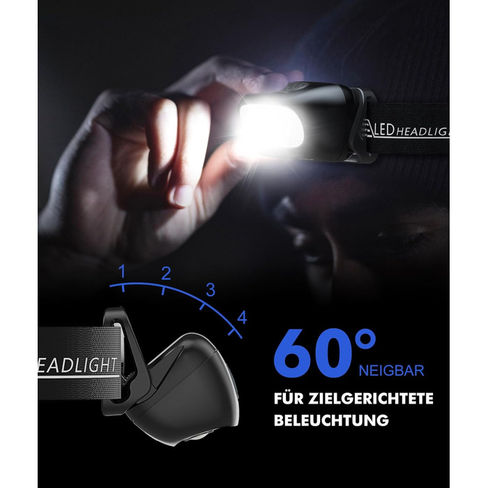 Налобний ліхтар LED, 2 шт. - перезарядна суперяскрава модель з 5 режимами, біле та червоне світло, IPX4 вологостійкий, регульований кут 60° для бігу/кемпінгу/дорослих