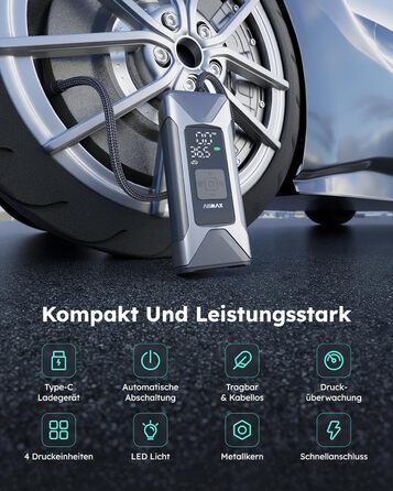 ASMAX електричний насос 7500mAh, портативний компресор для накачування шин 160PSI/11Bar з цифровим манометром і LED підсвіткою, міні помпа для авто, мотоциклів, велосипедів, м'ячів