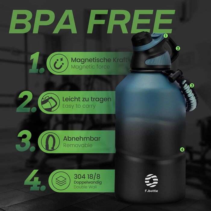 Фляга для води Fjbottle з нержавіючої сталі 1900 мл з магнітною кришкою, BPA Free, подвійні стінки, термо, без витоку, для спорту, універу, кемпінгу, подорожей, темно-синій колір