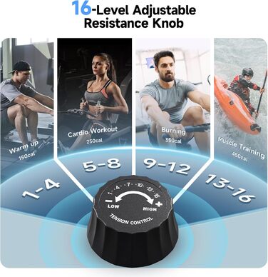 YPOO Гребний тренажер, магнітний тренажер для дому, 16 рівнів тихих налаштувань опору, подвійний направляючий рейк, максимальне навантаження 158.8 кг, сумісний з додатком