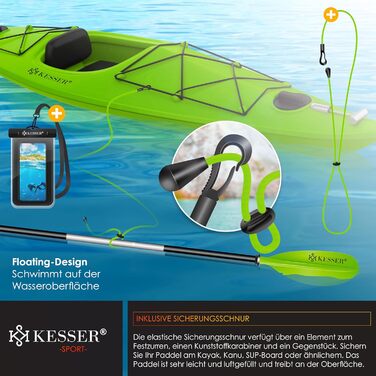 Веслування KESSER® Paddle Doppelpaddel - 4-частини для каяка, SUP, станд-ап паділбордингу, 228 см, алюміній. Ідеально для човна, веслування стоячи. В комплекті: страховочна мотузка, чохол для телефону, дошка для серфінгу. (Зелений)