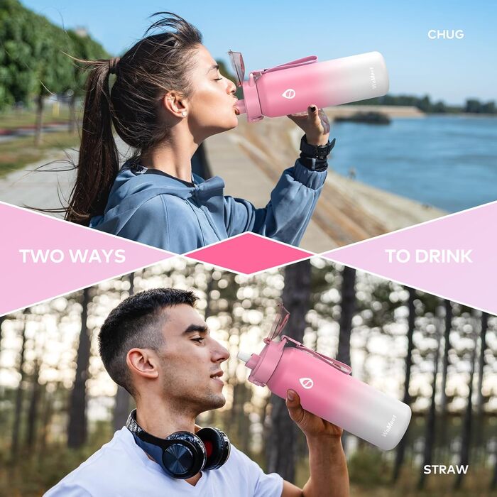 Термопляшка WEMEET з нержавіючої сталі 18/10 знімною трубою та ременем, вакуумний термос для води 700 мл, герметична, рожево-біла