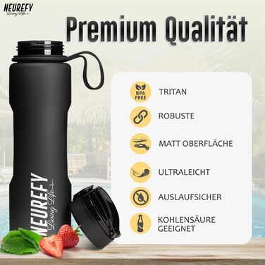Спортивна пляшка NEUREFY 1 л чорна матова, Tritan, BPA-free, з носиком, для води, з фільтром, індикатором об'єму, для фітнесу, офісу, школи, університету, герметична