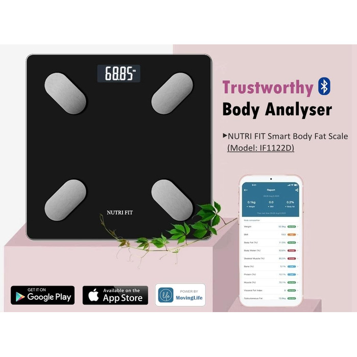 Вага NUTRI FIT для вимірювання жиру в тілі, розумна персональна вага з цифровим дисплеєм, вимірювання BMI, жиру, м'язів, води, склад тіла, LCD-дисплей, 150 кг, 26x26 см, чорний