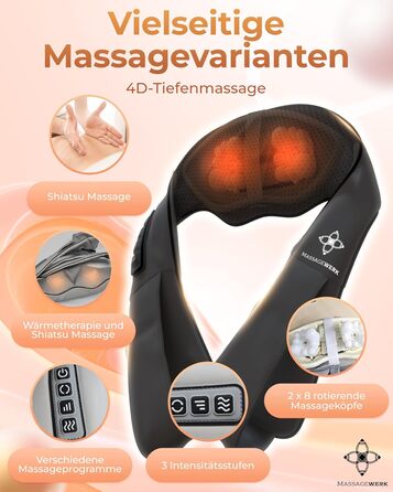 Масажер MASSAGEWERK Shiatsu для шиї та спини, електричний з функцією підігріву, чорний, для зняття м'язових болів та напруги, ергономічний