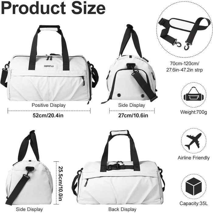 Спортивна сумка для жінок та чоловіків з жорстким матеріалом, дорожня сумка з відділенням для взуття, дві вентиляційні отвори та відділення для мокрого одягу, водонепроникна сумка-вікендер, спортивна сумка/сумка для плавання/сауни (Зелена) (Перлове білий)