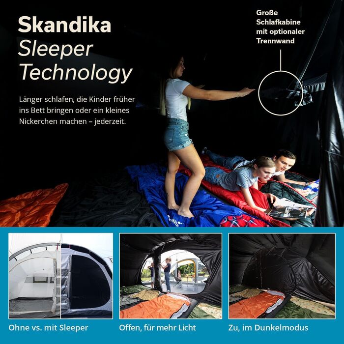 Намет Skandika Egersund Tunnel для 3, 5 або 7 осіб: Сімейний кемпінговий намет з технологією Sleeper, вшитим дном, чорною спальною кабіною, висотою 2м, водонепроникність 5000 мм (5 осіб XL, сірий)