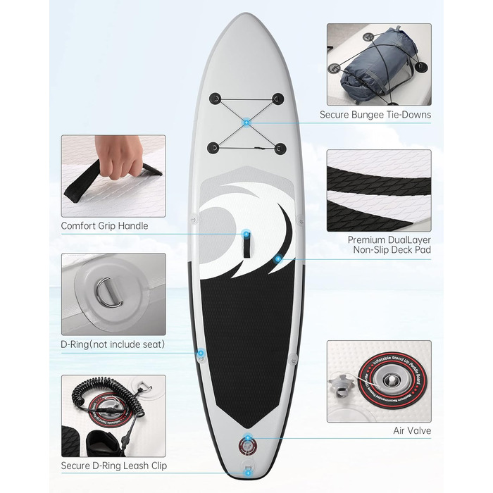 Надувне SUP дошка BODIOO для веслування, йоги, риболовлі. Комплект з аксесуарами: насос, весло, лінія, рюкзак. Підходить для дорослих, молоді та дітей. Білий колір.